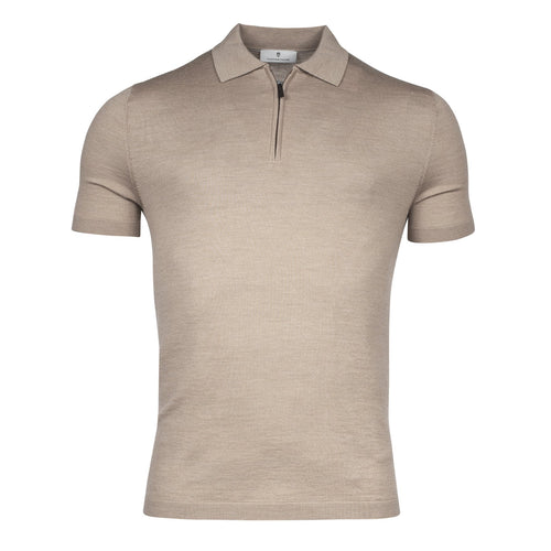 Merino Beige Zip Thru Polo Knit - Thomas Maine