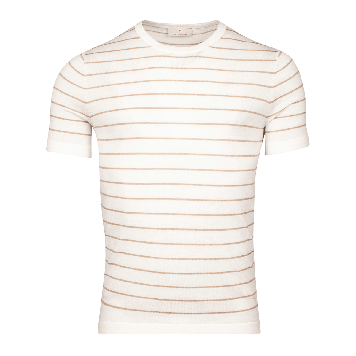 Merino Cream/Brown Striped Crew Neck Pullover - Thomas Maine