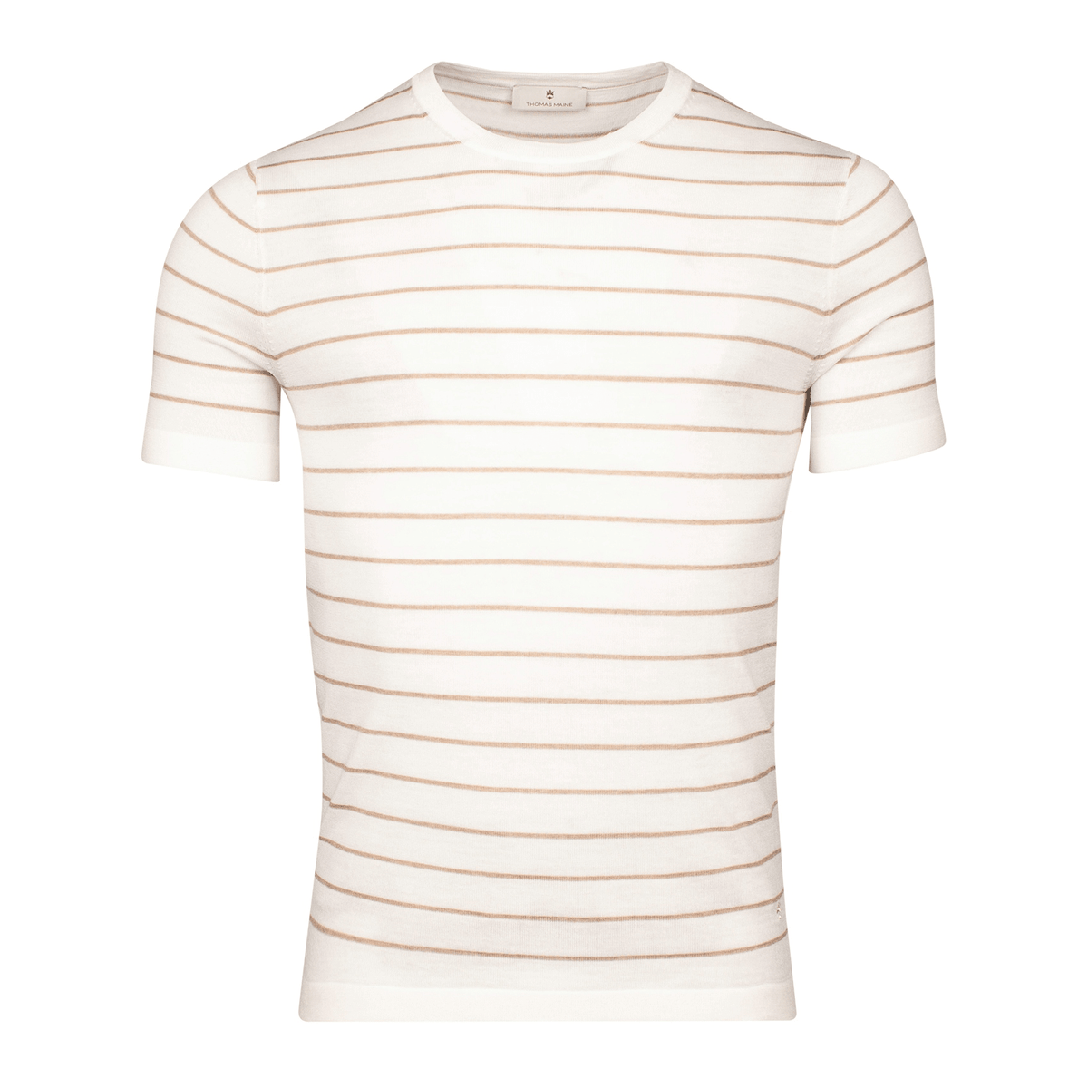 Merino Cream/Brown Striped Crew Neck Pullover - Thomas Maine