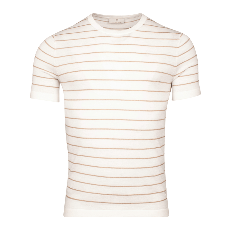 Merino Cream/Brown Striped Crew Neck Pullover - Thomas Maine
