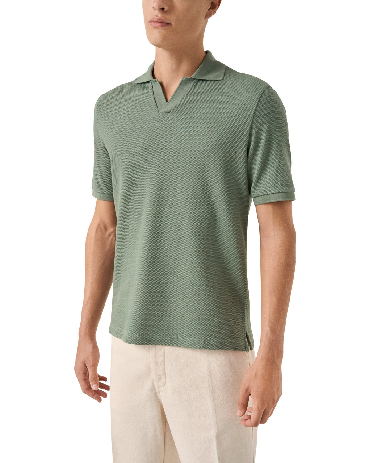 Mid Green Waffle Open Collar Polo - Eton Shirts Polo Shirts