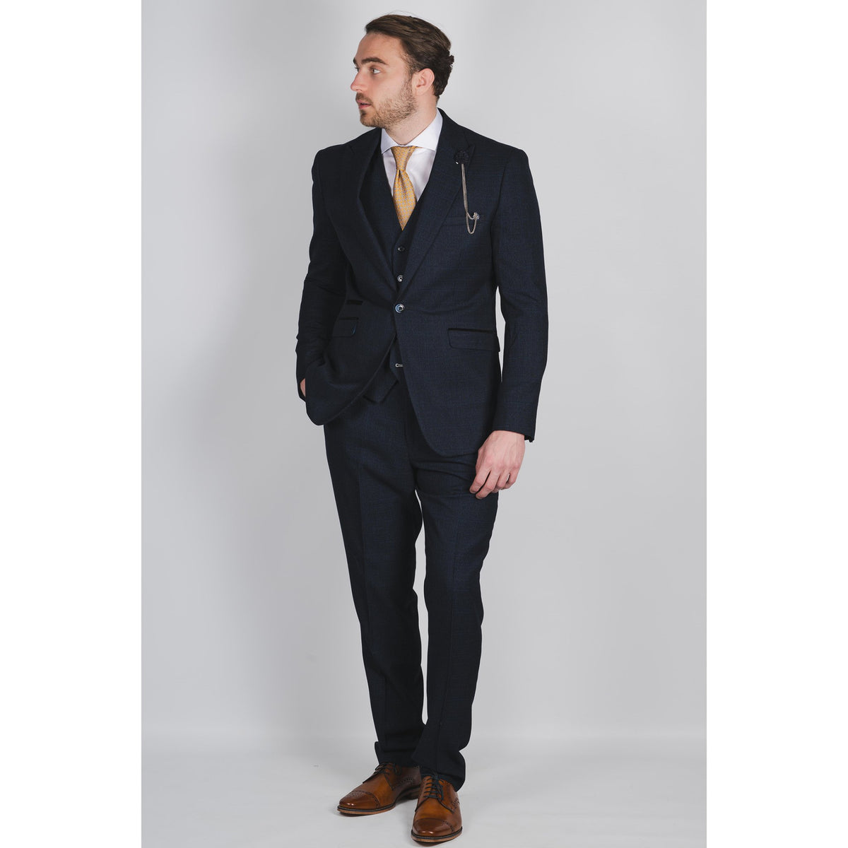 Navy Check Peak Lapel Suit - Leonard Silver