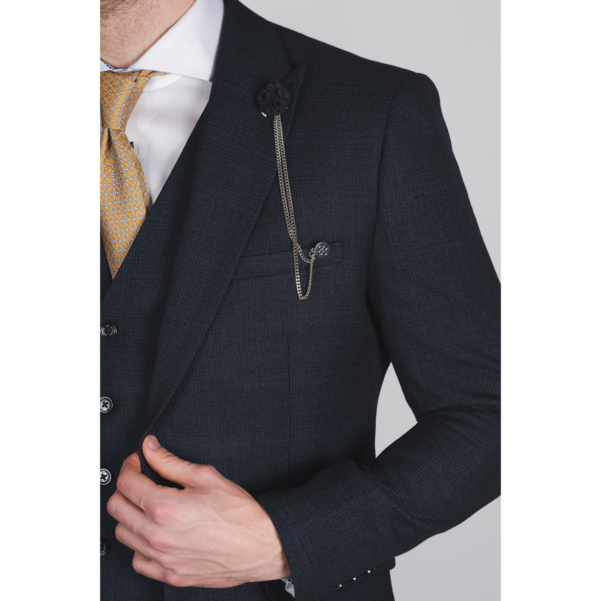 Navy Check Peak Lapel Suit - Leonard Silver