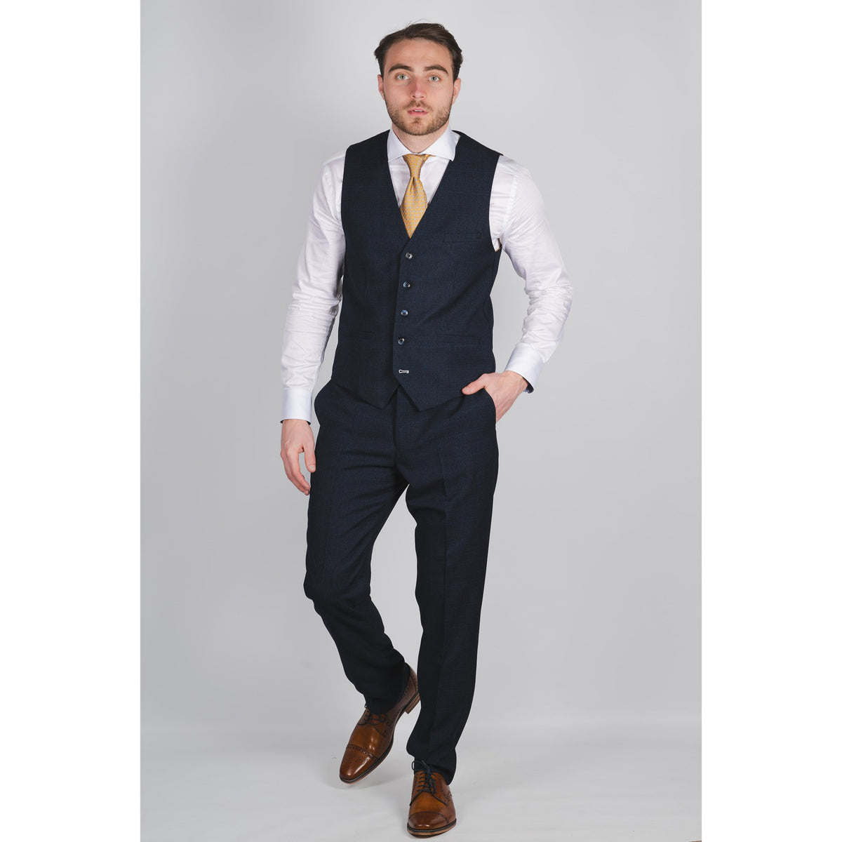 Navy Check Peak Lapel Suit - Leonard Silver