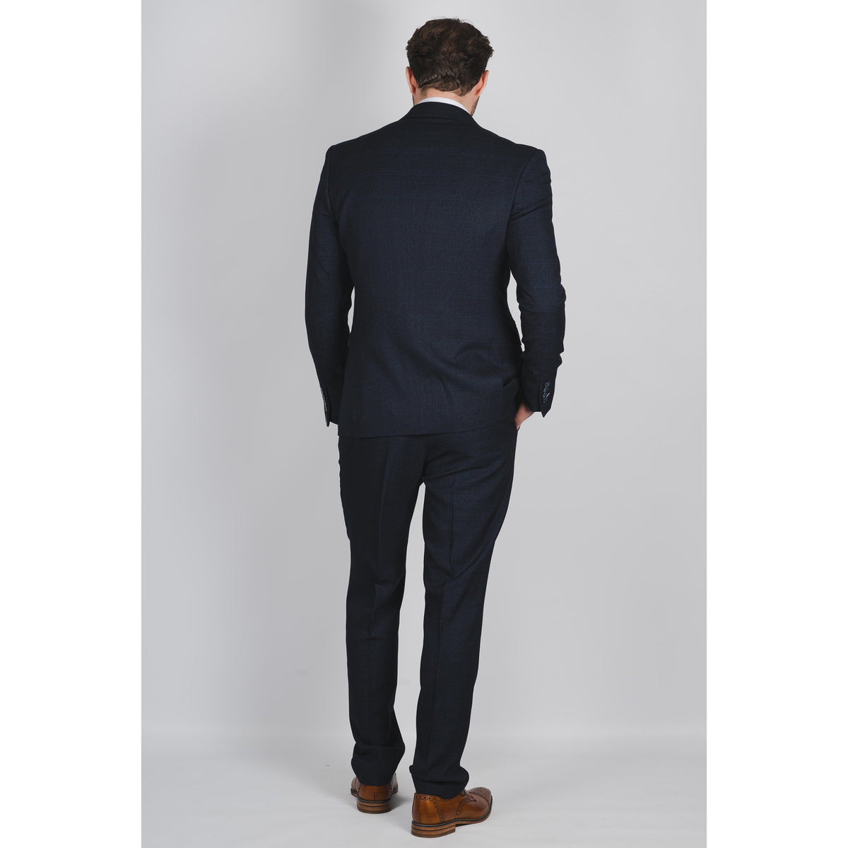 Navy Check Peak Lapel Suit - Leonard Silver