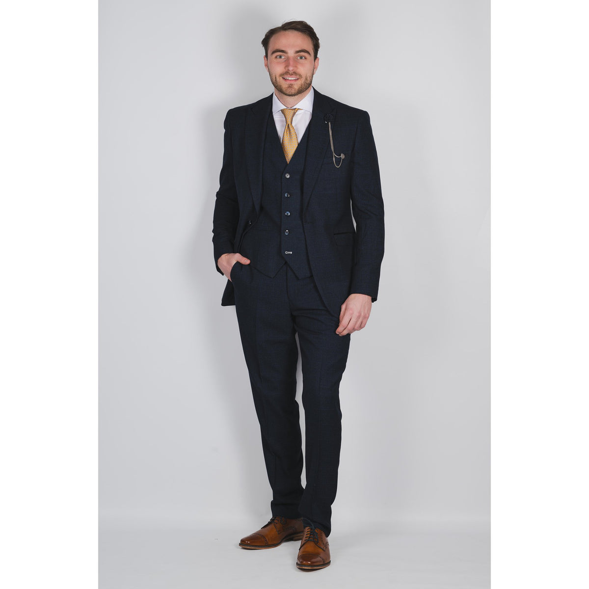 Navy Check Peak Lapel Suit - Leonard Silver