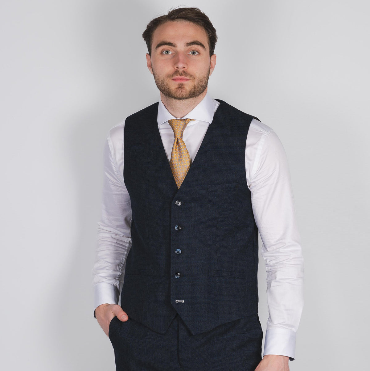 Navy Check Peak Lapel Suit - Leonard Silver