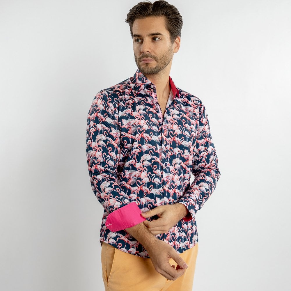 Navy Flamingo Print Shirt - Claudio Lugli