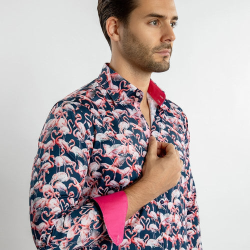 Navy Flamingo Print Shirt - Claudio Lugli