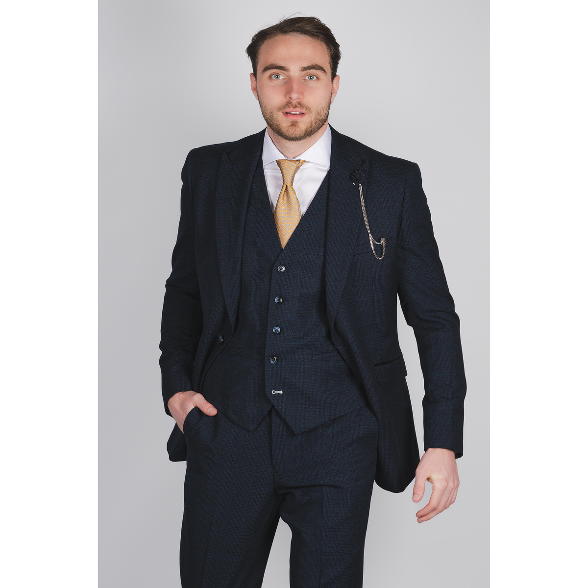 Navy Jacket With Check & Peak Lapels