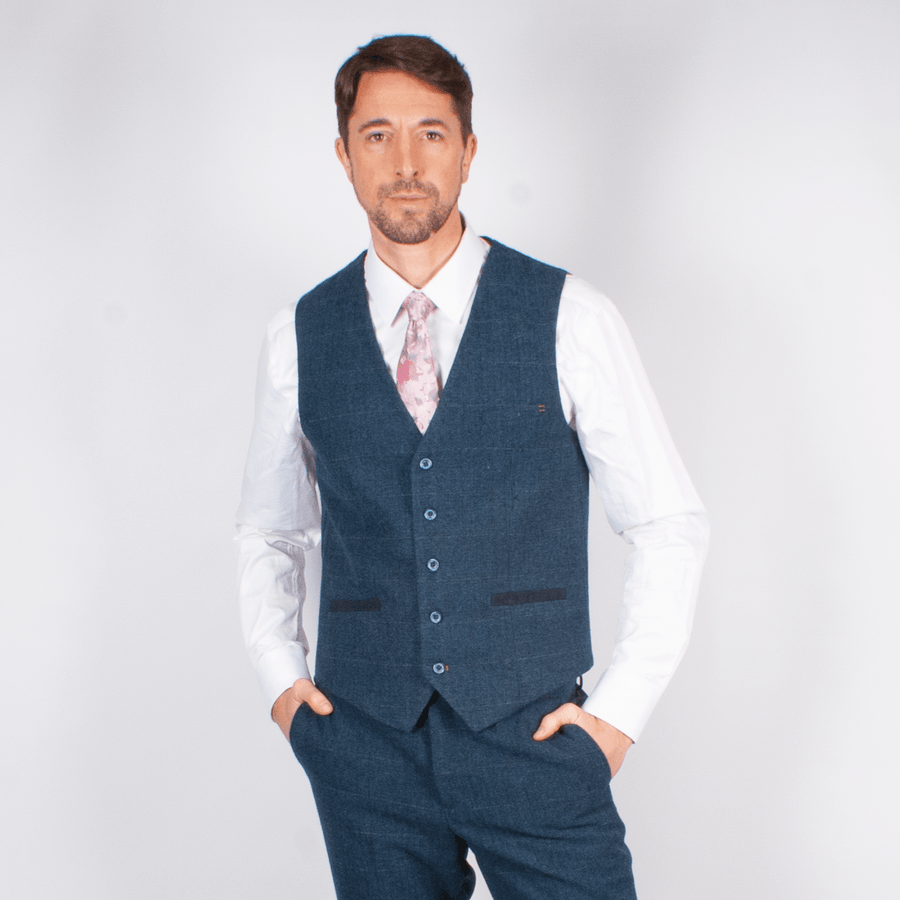 Navy Tweed Check Waistcoat - Leonard Silver