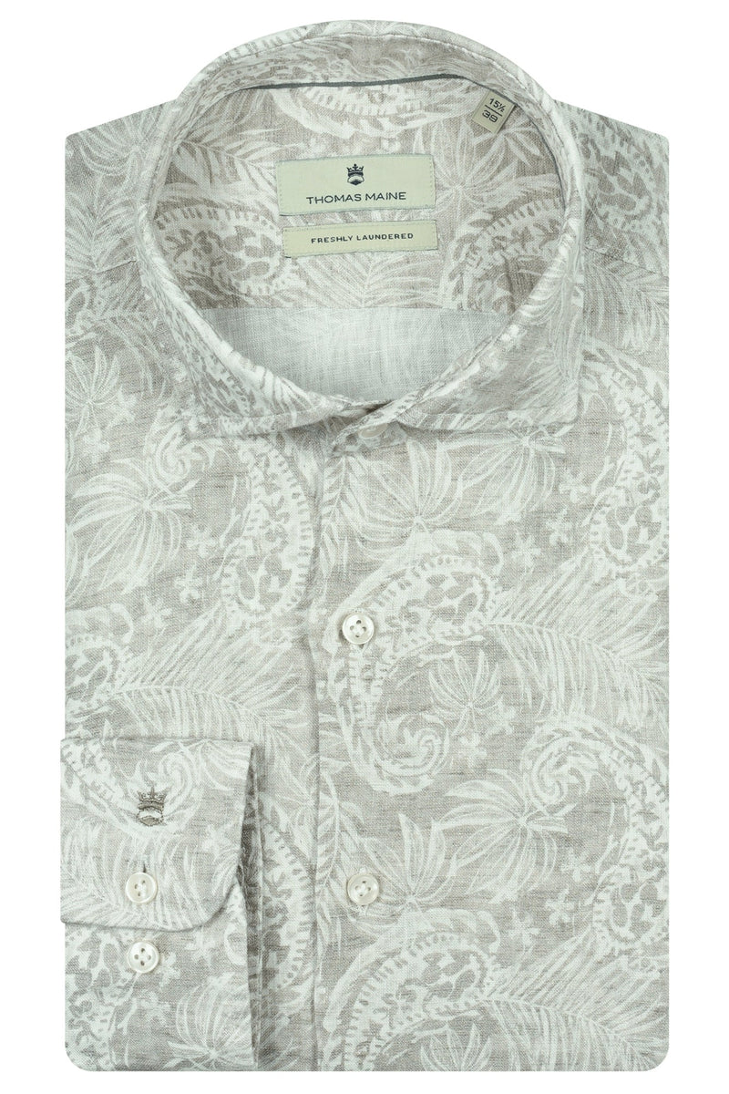 Paisley Print Long Sleeved Linen Shirt in Sand - Thomas Maine Shirts