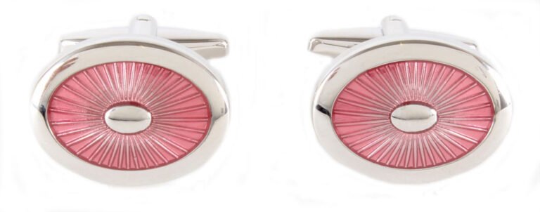 Pink Enamel Oval Rhodium Plate Cufflinks - Leonard Silver Cuff Links