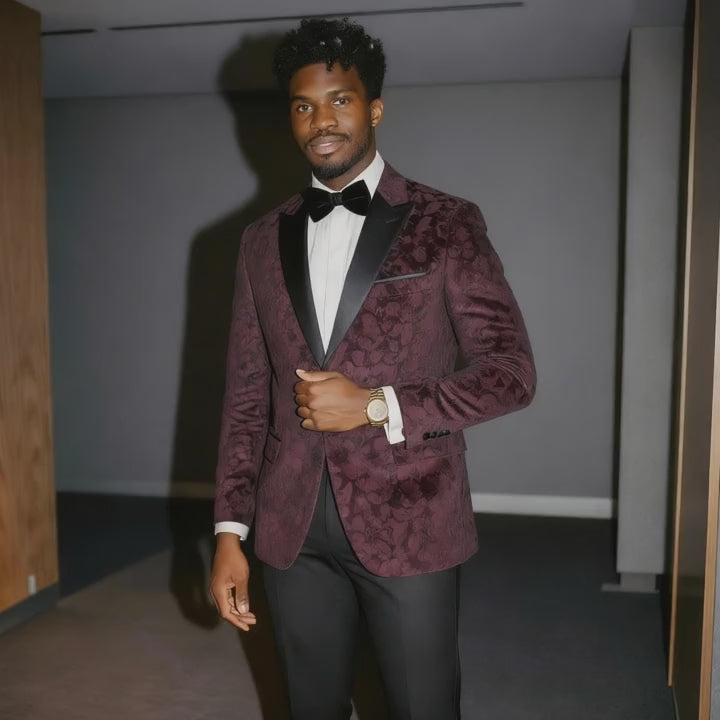 man wearing the dark red monti dinner jacket