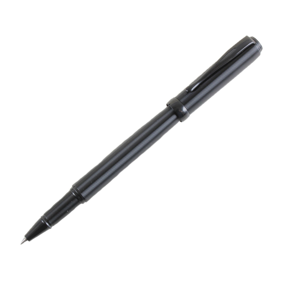 Black Ribbed Rollerball Pen - Leonard Silver - full length with cap fitted