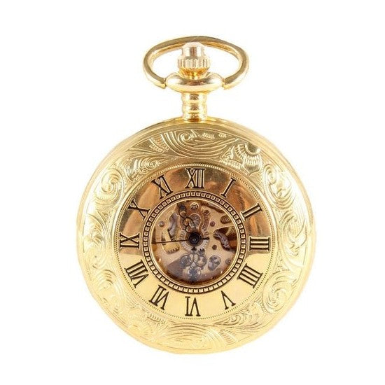Gold Patterned Half Hunter Mechanical Pocket Watch - Leonard Silver