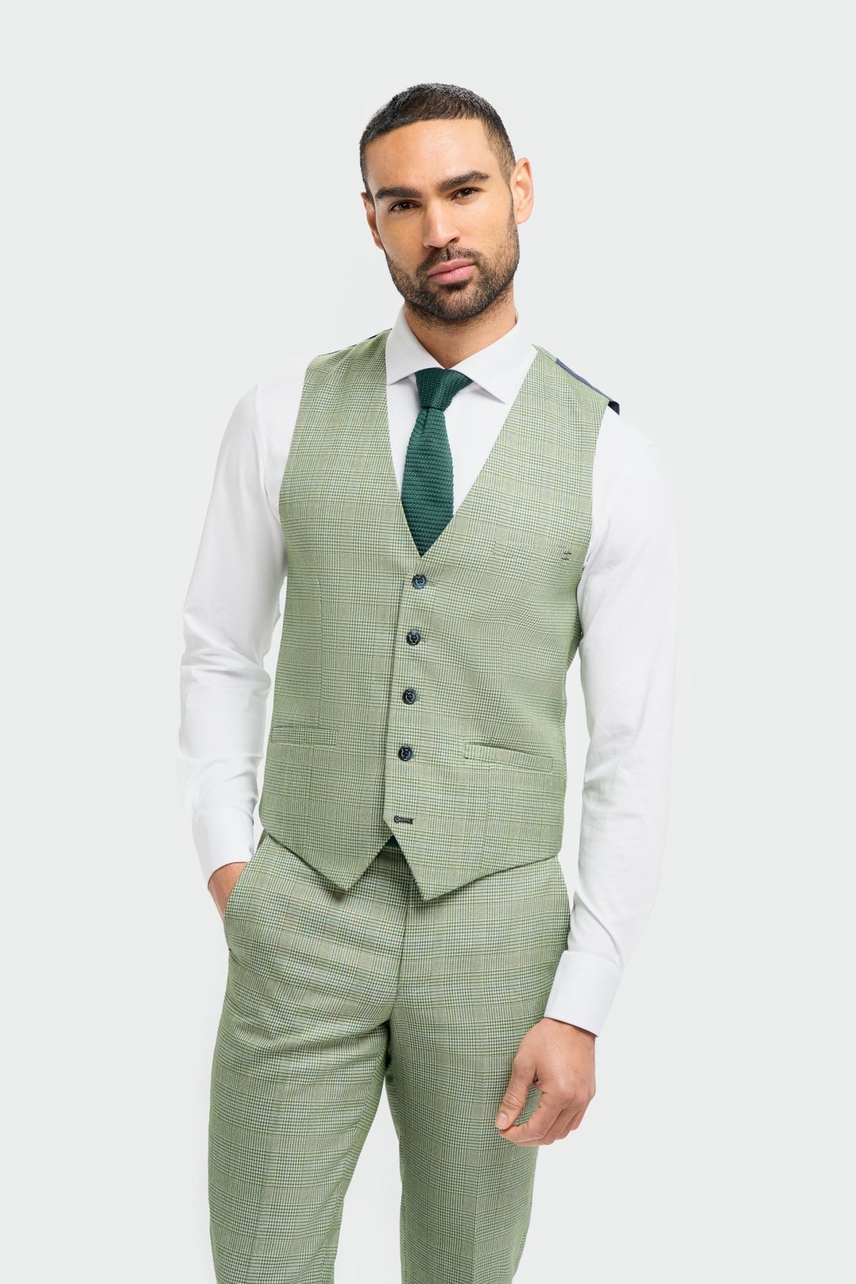 Sage Green Check 5-Button Waistcoat Classic Menswear Leonard Silver Sage Green Check 5-Button Waistcoat Classic Menswear Leonard Silver