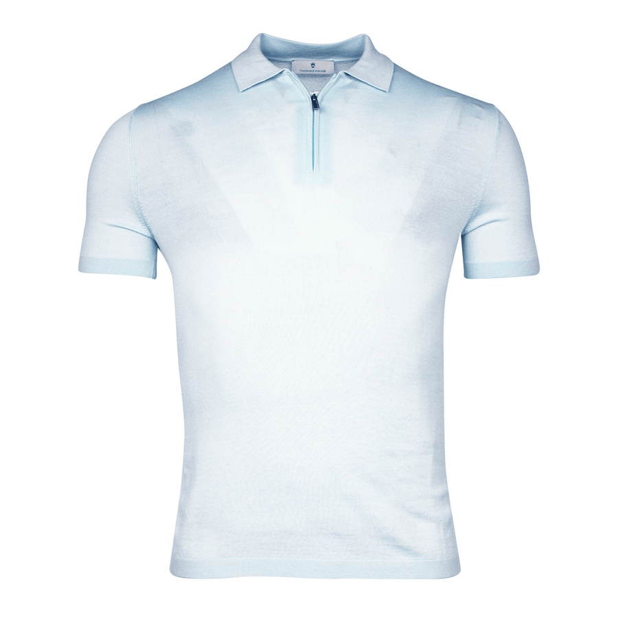 Short Sleeve Merino Polo Knit Sky - Thomas Maine