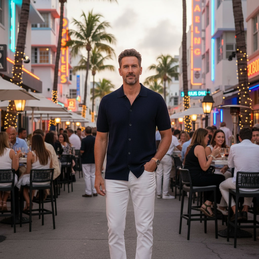 Short Sleeved Navy Polo Cardigan Shirt - Thomas Maine Knitwear
