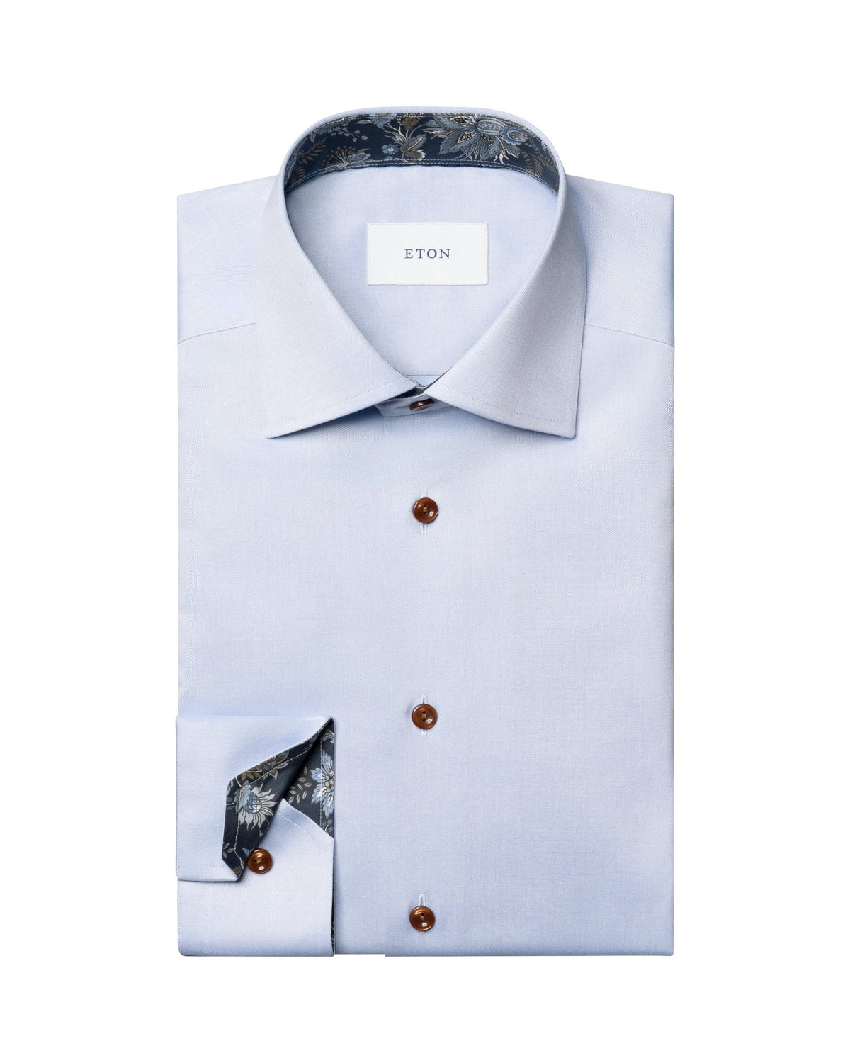 Sky Blue Floral Effect Signature Twill Shirt (Beige Buttons) - Eton Shirts Shirts