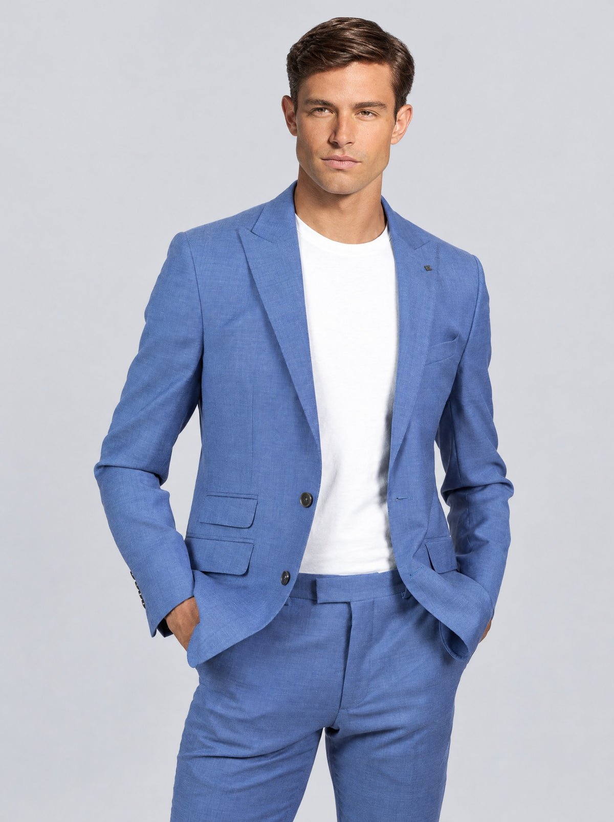Zignone Sky Blue Suit – worn open with T-shirt
