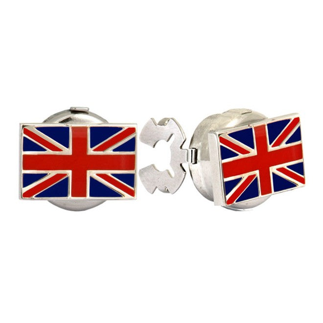 Union Jack Rhodium Plated Button Covers - Leonard Silver - shown open and closed