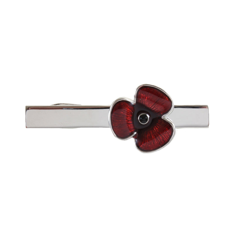 Poppy Crocodile Clip Tie Slide - Leonard Silver - detail of red poppy and clip bar