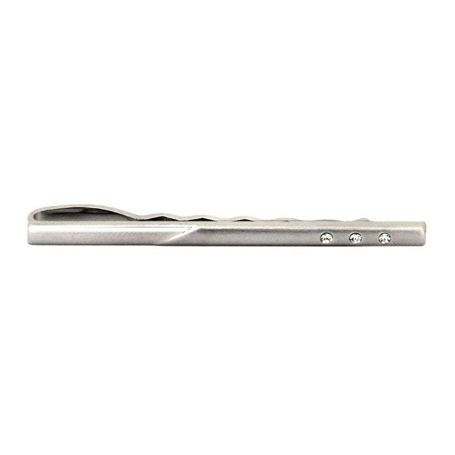 Brushed and Polished Rhodium Tie Slide With 3 Crystals - Leonard Silver - front view