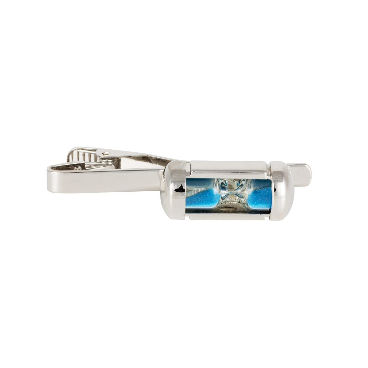 Blue Sand Timer Tie Slide, Rhodium Plated - Leonard Silver - side view showing blue sand and clip