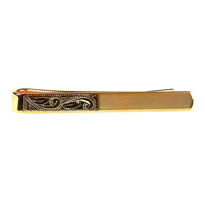 Half Engraved Gold Plated Tie Slide - Leonard Silver - front view showing engraved scroll and polished half