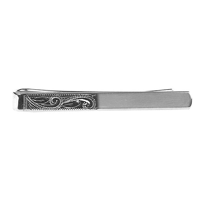 Half Engraved Scroll Rhodium Plated Tie Slide - Leonard Silver - front view