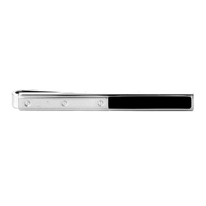 Half Onyx Screw Design Rhodium Tie Slide - Leonard Silver - front