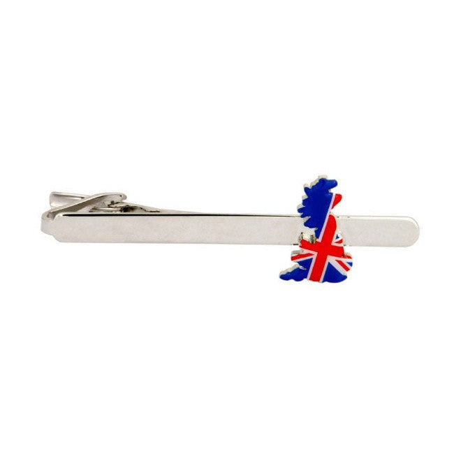 Union Jack GB Map Rhodium Plated Tie Clip - Leonard Silver - side view showing clip