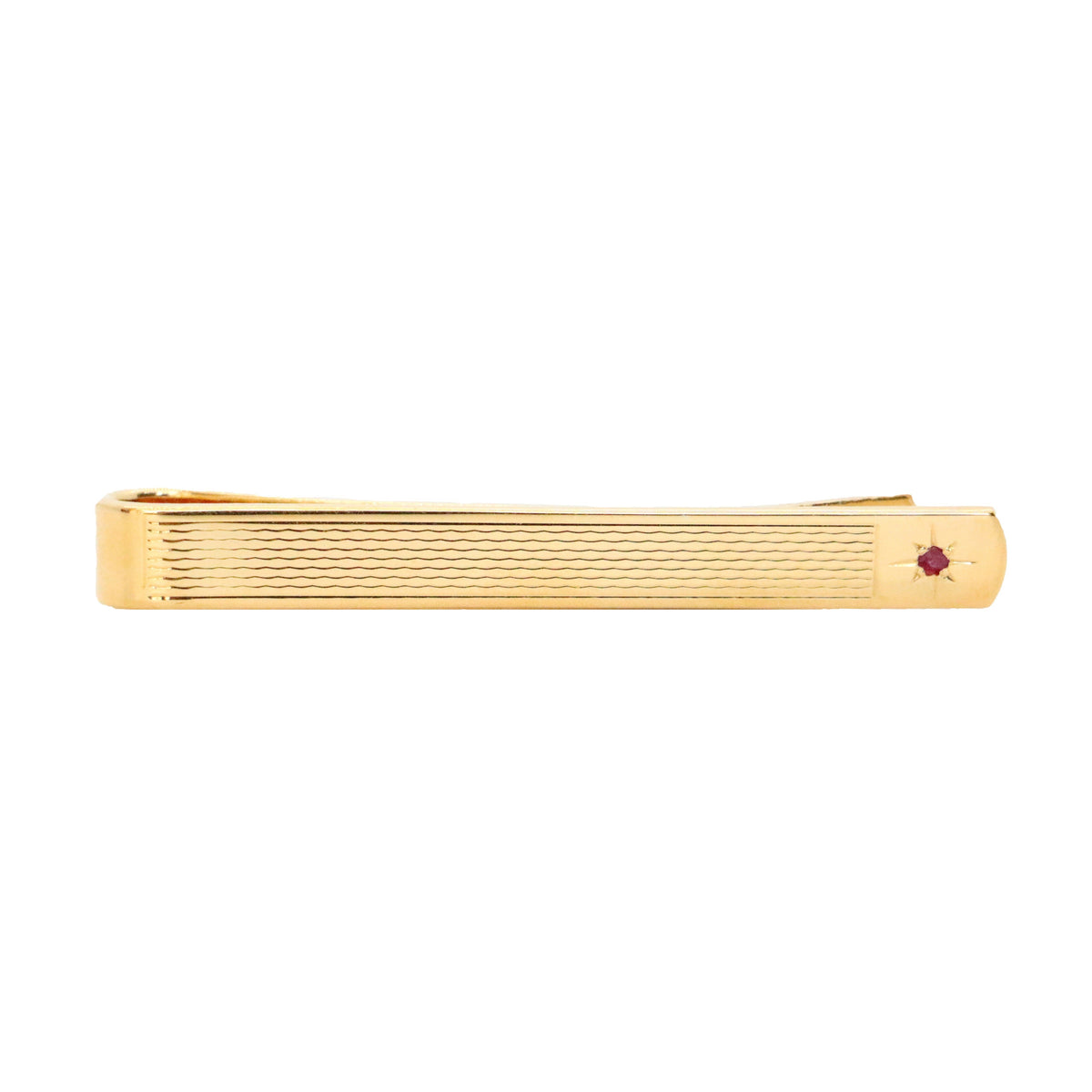 Ruby Star Set Barley Pattern Gold Plated Tie Slide - Leonard Silver - detail of star-set ruby