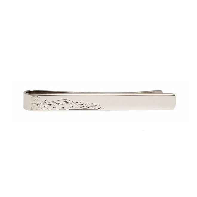 Half Engraved Leaf Rhodium Plated Tie Slide - Leonard Silver - front