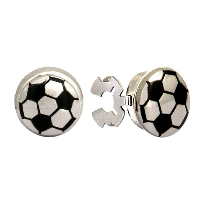 Football Button Cover Cufflinks, Rhodium Plated - Leonard Silver - front face and hinged back plate