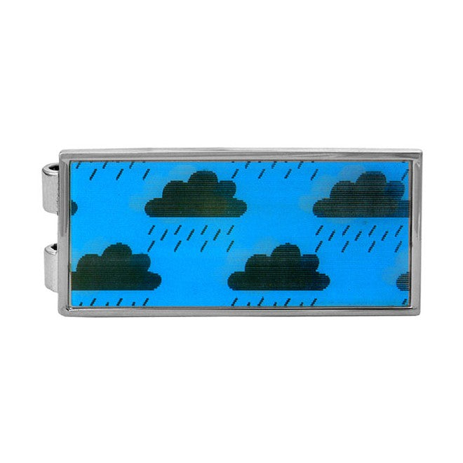 Rainy Day Lenticular Hologram Money Clip - Leonard Silver - close view of cloud and rain panel