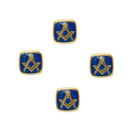 Masonic Blue And Gold Plated Dress Studs, Set Of Four - Leonard Silver, close view of the square and compasses