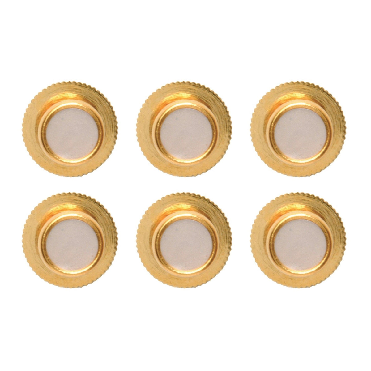 White Acrylic Round Gold Dress Studs, Six - Leonard Silver - all six studs, face view