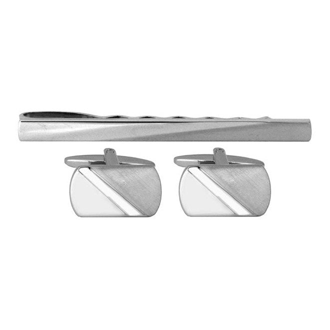 Rhodium Diagonal Cufflink and Tie Slide Set - Leonard Silver - tie slide above matching cufflinks