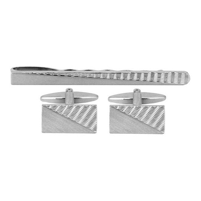 Brushed Rhodium Engine-Turned Cufflink and Tie Slide Set - Leonard Silver - tie slide above matching pair of cufflinks