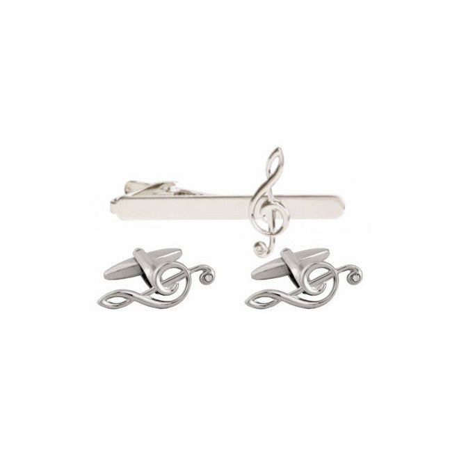 Treble Clef Cufflink & Tie Slide Set, Rhodium Plated - Leonard Silver - tie slide and pair of cufflinks