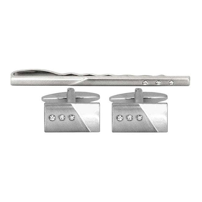 Rhodium Three Crystal Cufflink and Tie Slide Set - Leonard Silver - tie slide above matching pair of cufflinks