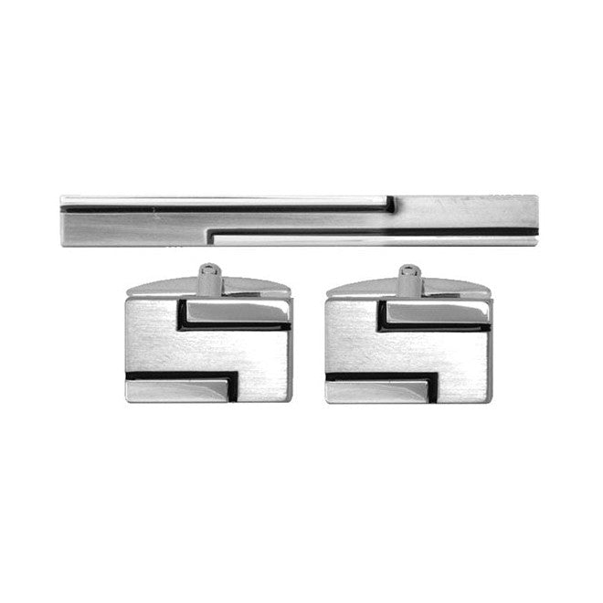 Brushed Rhodium Black Line Cufflink and Tie Slide Set - Leonard Silver - tie slide above matching pair of cufflinks