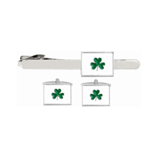 Green Shamrock Cufflinks And Tie Clip Set - Leonard Silver - tie clip and pair of cufflinks
