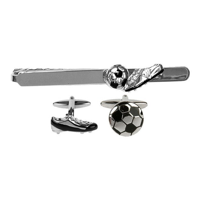 Football Boot and Ball Cufflink and Tie Slide Set - Leonard Silver - tie slide above both cufflinks