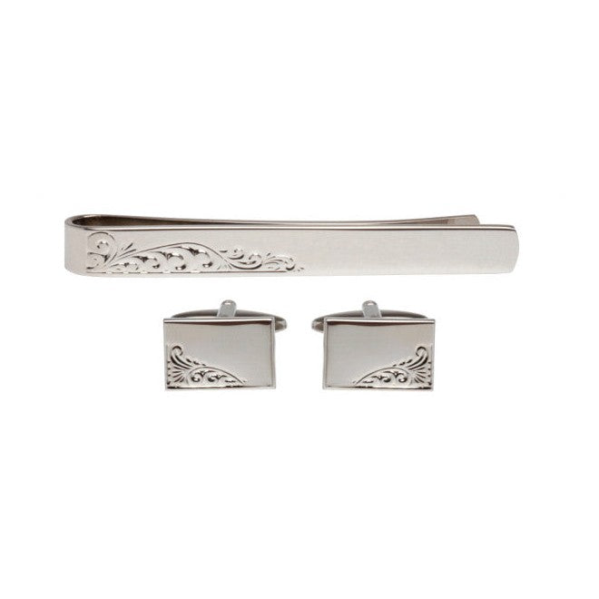 Rhodium Plated Engraved Leaf Cufflink & Tie Slide Set - Leonard Silver - tie slide above matching pair of cufflinks