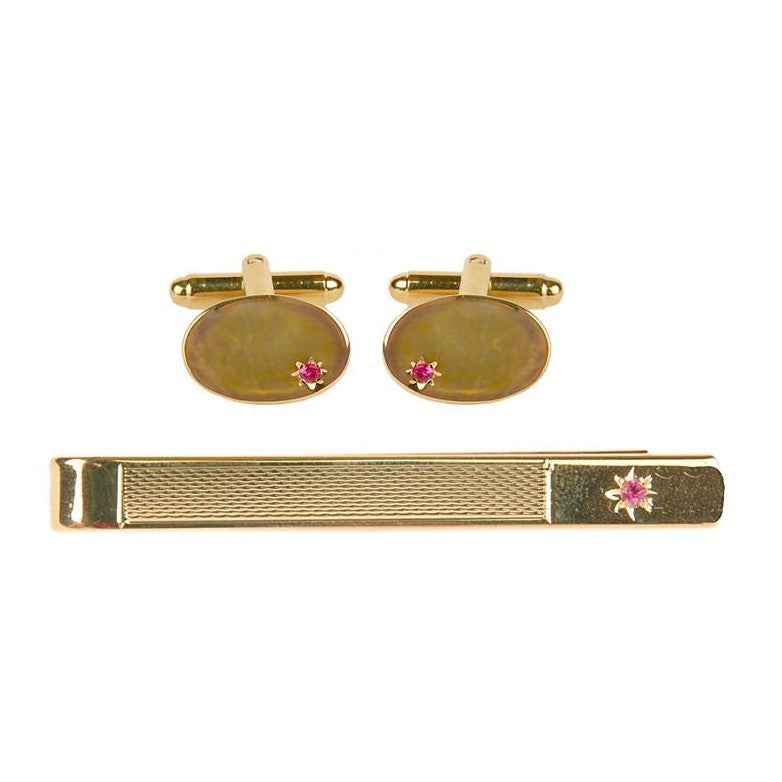 Ruby Star Set Gold Plated Cufflink & Tie Slide Set - Leonard Silver - cufflinks and slide