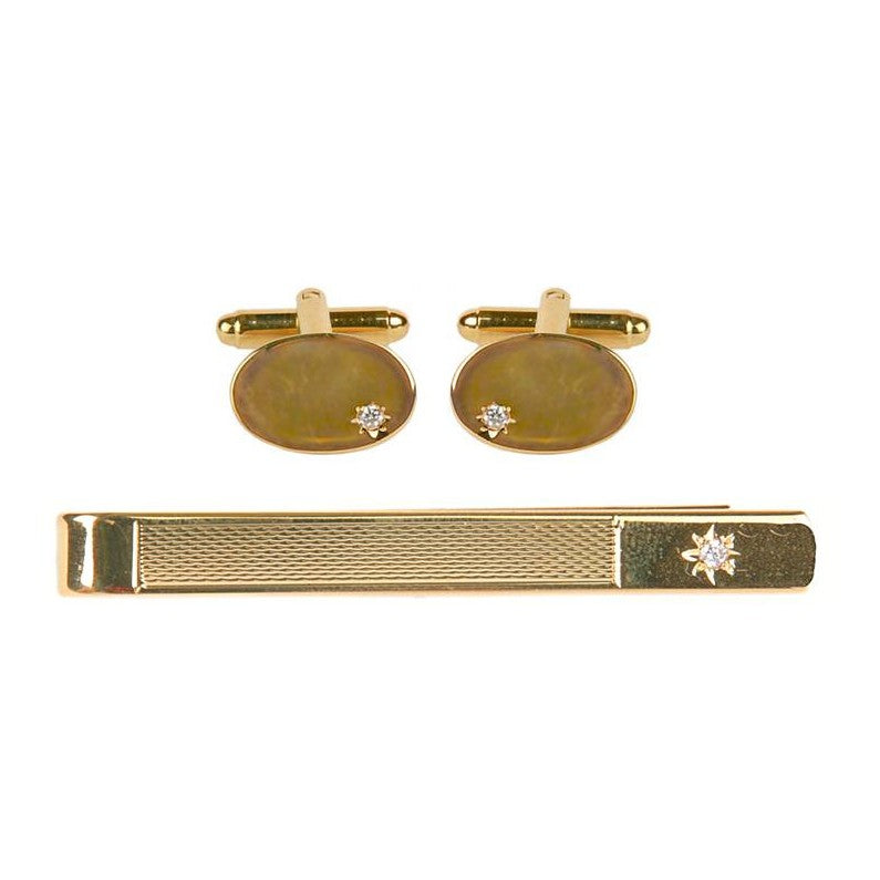 Cubic Zirconia Star Gold Plated Cufflink & Tie Slide Set - Leonard Silver - cufflinks and tie bar, front view