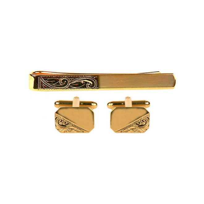 Gold Plated Engraved Cufflink and Tie Slide Set - Leonard Silver - tie slide above, cufflinks below